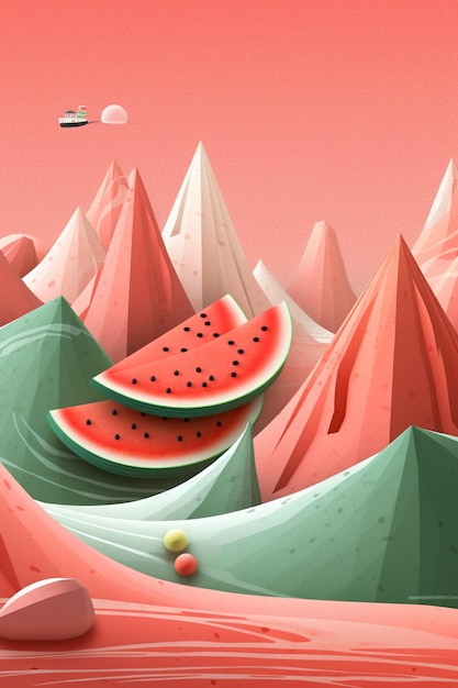 There is a slice of watermelon on a mountain with a plane flying over it generative ai