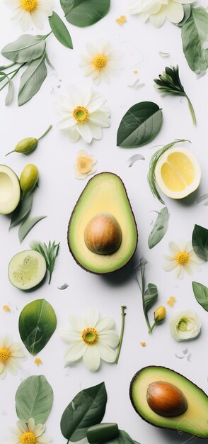 There is a sliced avocado surrounded by flowers and leaves generative ai