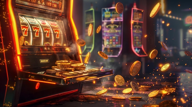 there is a slot machine with coins falling from it generative ai