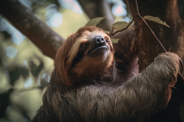 There is a sloth that is hanging from a tree branch generative ai