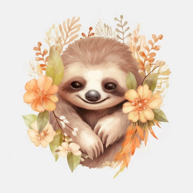 There is a sloth that is sitting in a flower wreath generative ai