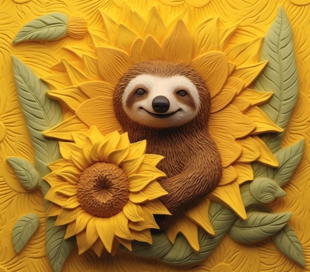 There is a sloth that is sitting on a sunflower generative ai