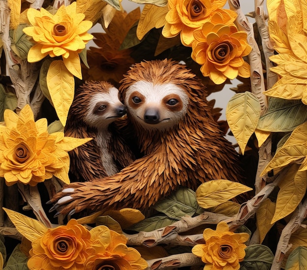 there is a sloth that is sitting in a tree with flowers generative ai