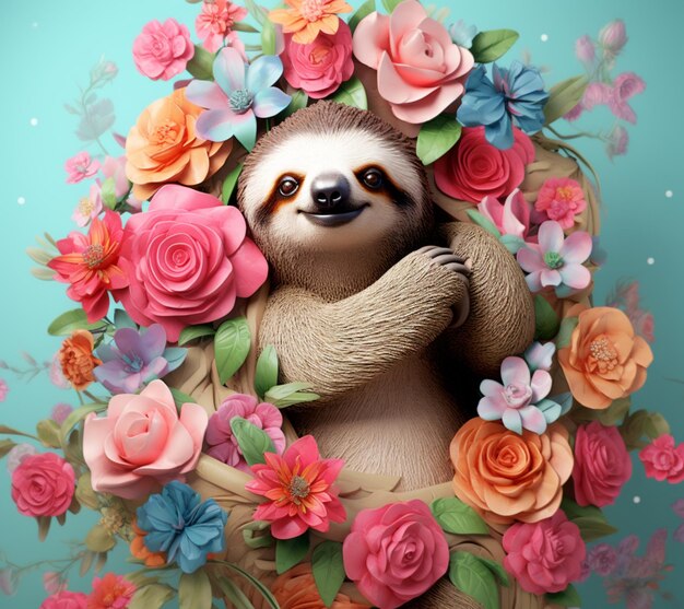 There is a sloth that is sitting in a wreath of flowers generative ai