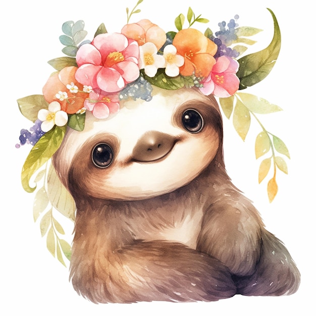 there is a sloth with a flower crown on its head generative ai