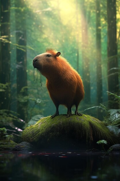 there is a small animal standing on a rock in the woods generative ai