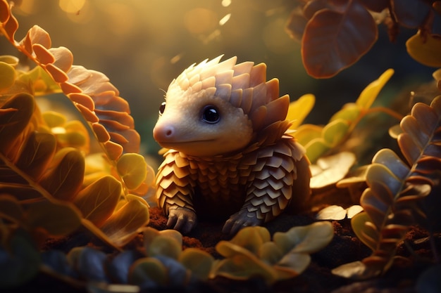 There is a small animal that is sitting in the leaves generative ai