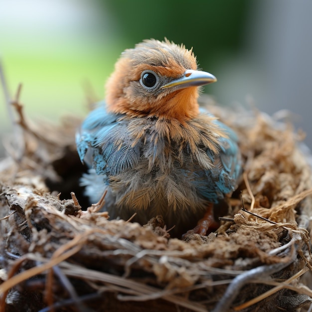 There is a small bird sitting in a nest with a yellow beak generative ai