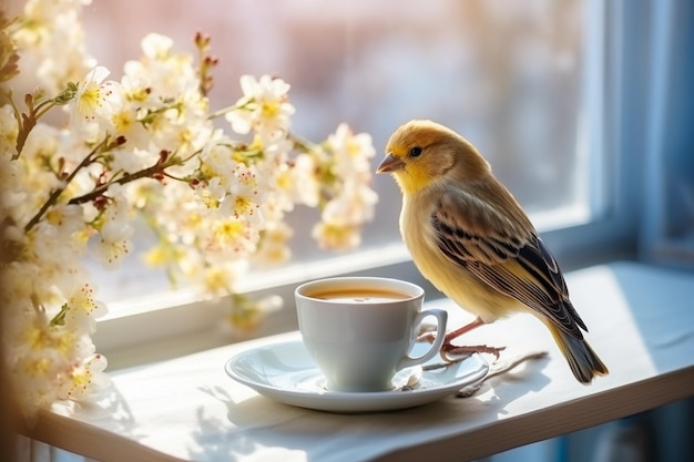 コーヒーのカップの隣のテーブルに座っている小さな鳥がいます