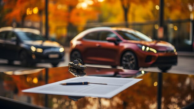 There is a small bird sitting on a table in front of a car generative ai