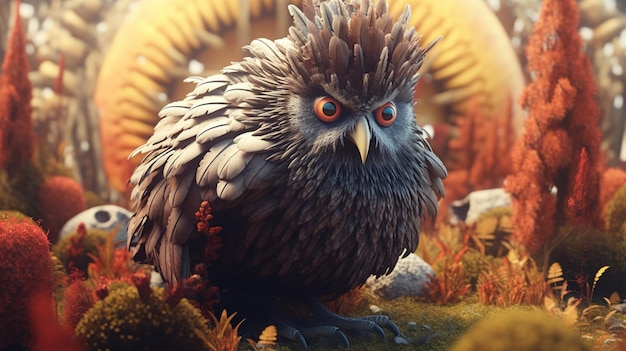 There is a small bird that is sitting on a mossy field generative ai