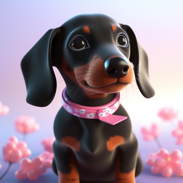 There is a small black and brown dog with a pink collar generative ai