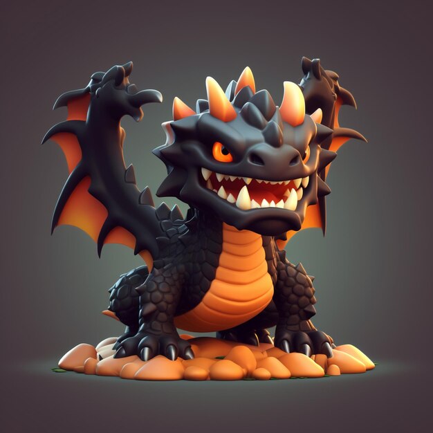 There is a small black dragon with orange eyes and a big mouth generative ai