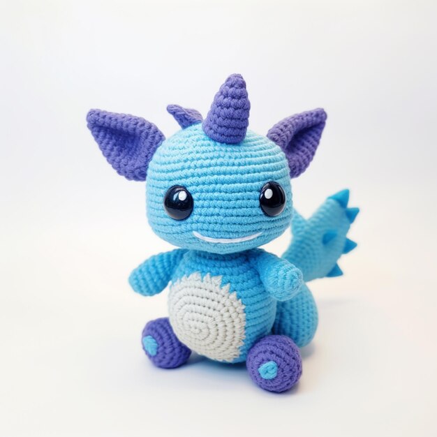 there is a small blue crocheted dragon sitting on a white surface generative ai