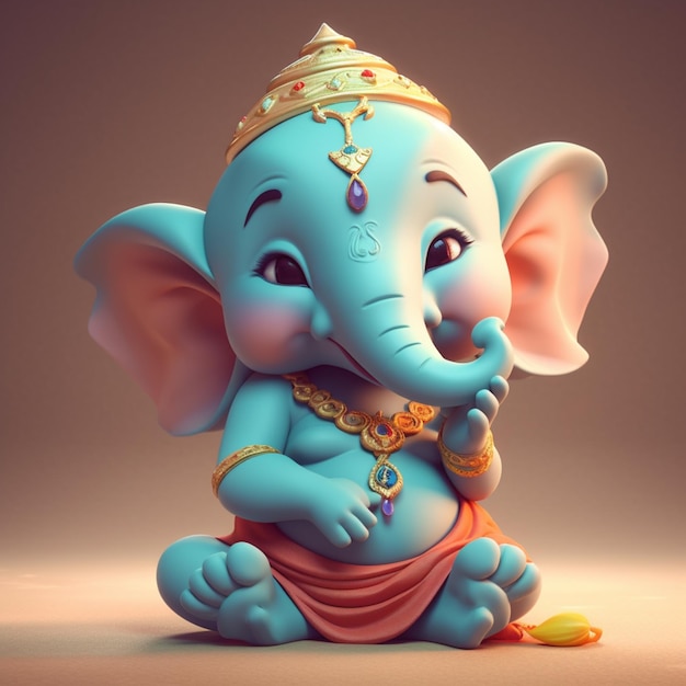 There is a small blue elephant with a gold crown on its head generative ai