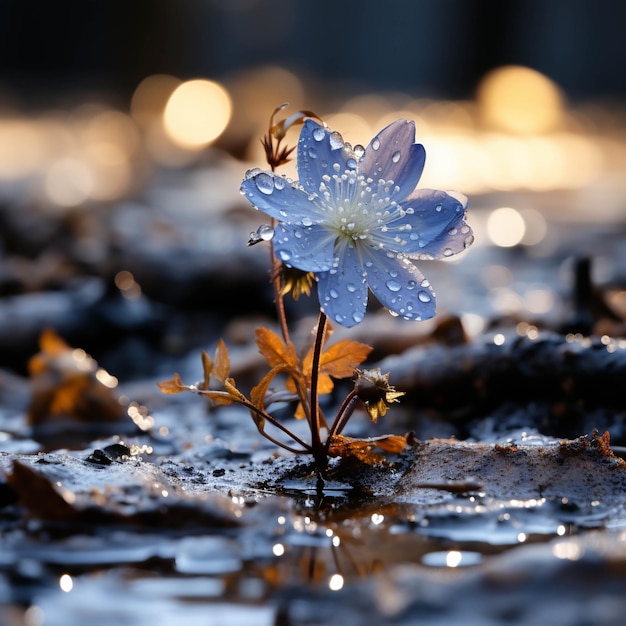 There is a small blue flower that is growing out of the ground generative ai