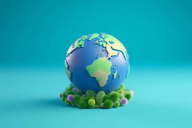 There is a small blue and green globe on a green plant generative ai