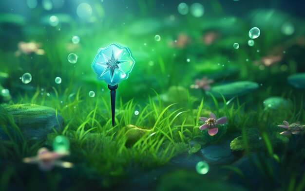 There is a small blue umbrella in the grass with bubbles generative ai