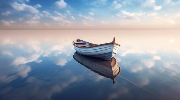 Foto c'è una piccola barca che galleggia su un lago calmo con uno sfondo celeste generativo ai