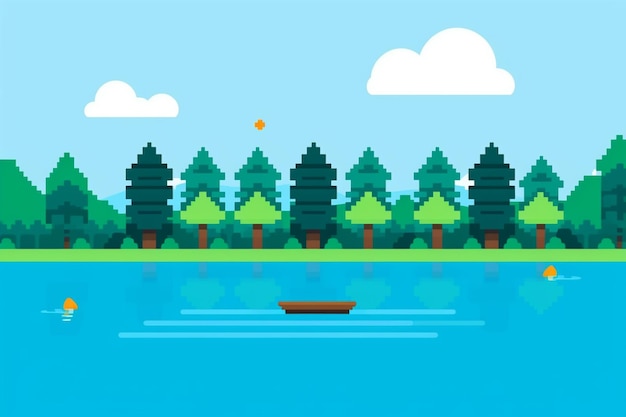 there is a small boat floating on a lake with trees generative ai