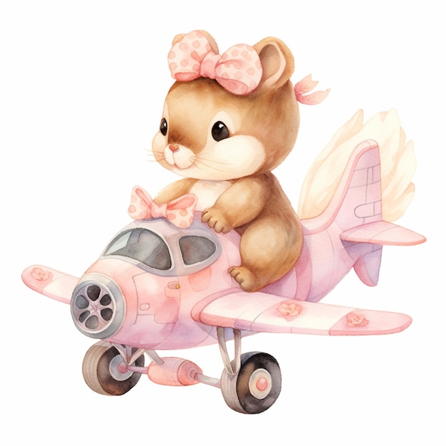 there is a small brown bear sitting on top of a pink plane generative ai