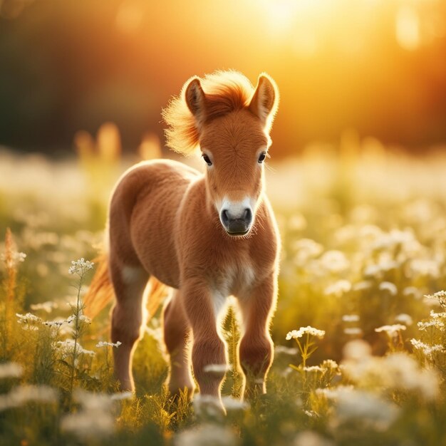 小さな茶色の馬が花の畑に立っています