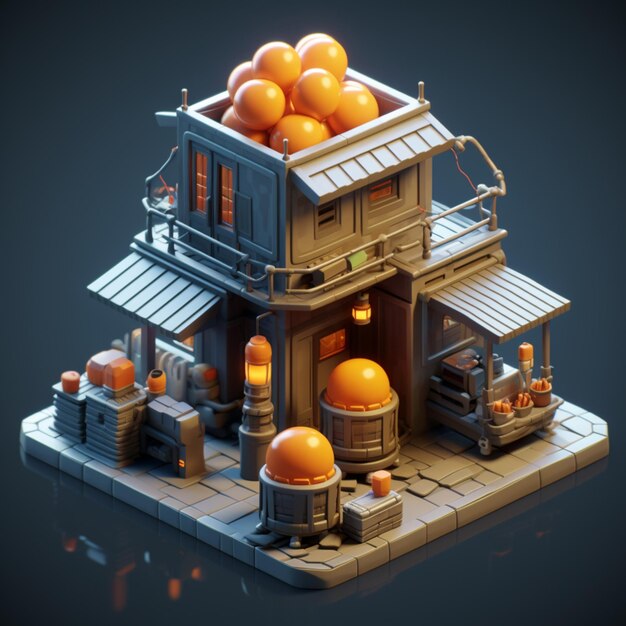 There is a small building with oranges on top of it generative ai