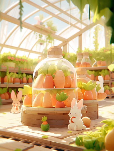 There is a small bunny figurine sitting in a basket of oranges generative ai