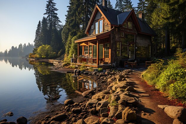 There is a small cabin sitting on the shore of a lake generative ai