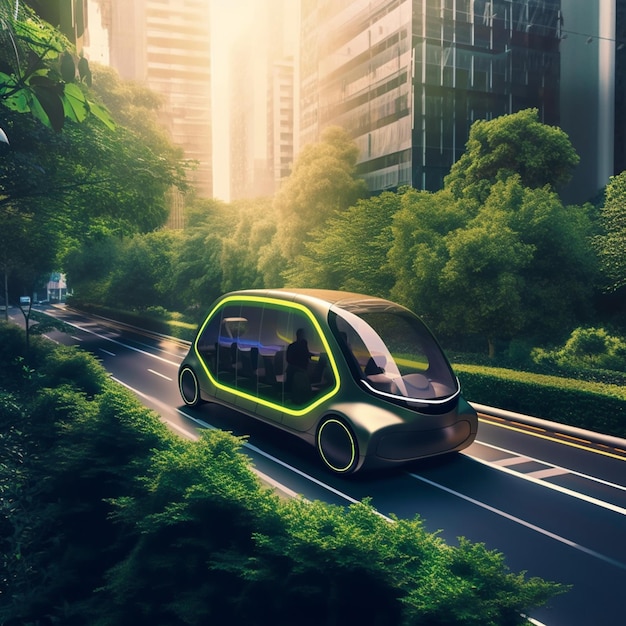 There is a small car that is driving down the road generative ai