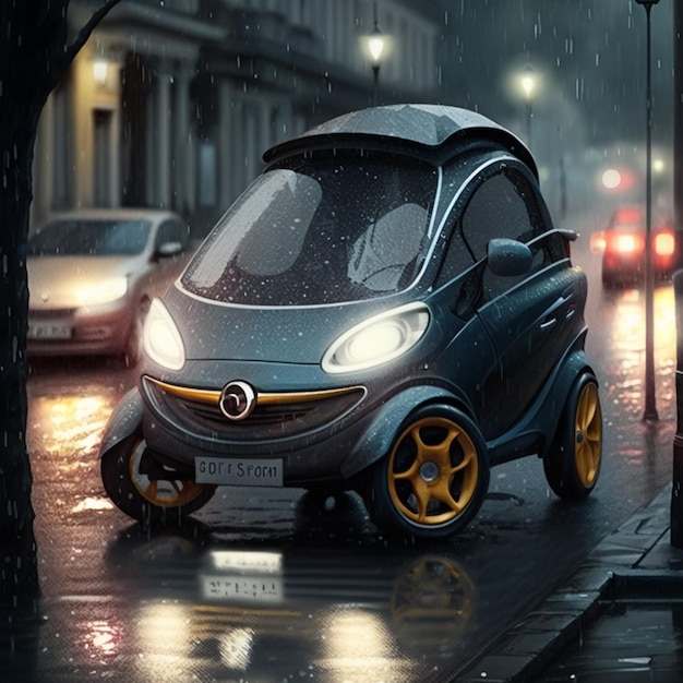 There is a small car that is parked on the street generative ai