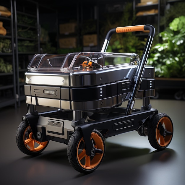 there is a small cart with orange wheels on a table generative ai