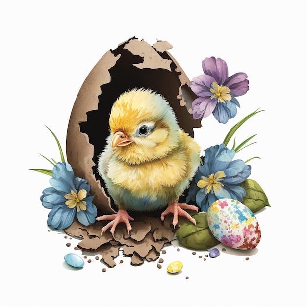 Photo there is a small chicken sitting inside of a broken egg generative ai
