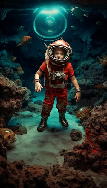 There is a small child in a diving suit standing in a cave generative ai