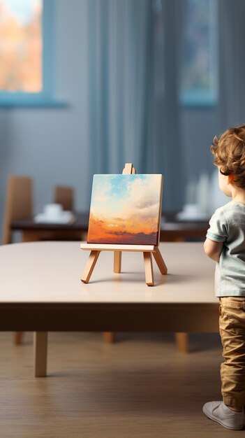 there is a small child standing in front of a painting on a table generative ai