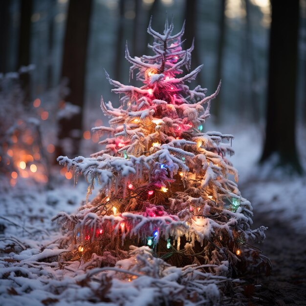 there is a small christmas tree with lights in the snow generative ai