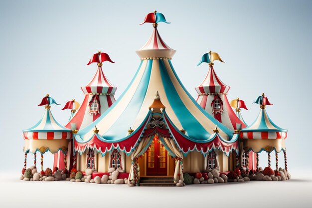 there is a small circus tent with a red and blue roof generative ai