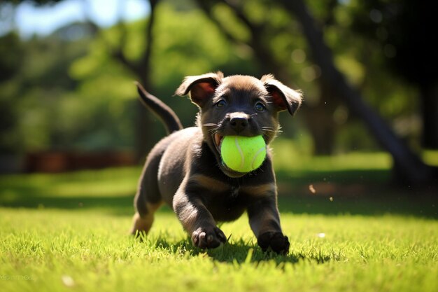 There is a small dog running with a tennis ball in its mouth generative ai