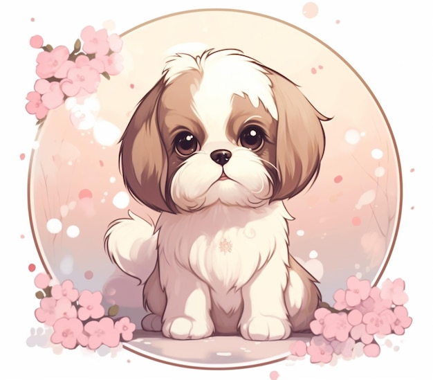 there is a small dog sitting in a circle with flowers generative ai