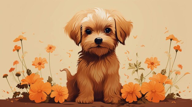 There is a small dog sitting in the middle of a field of flowers generative ai