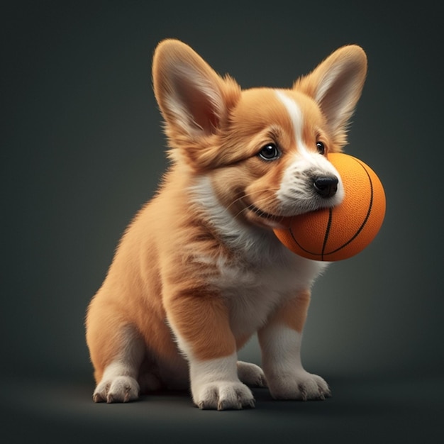Есть маленькая собачка, которая держит мяч во рту.