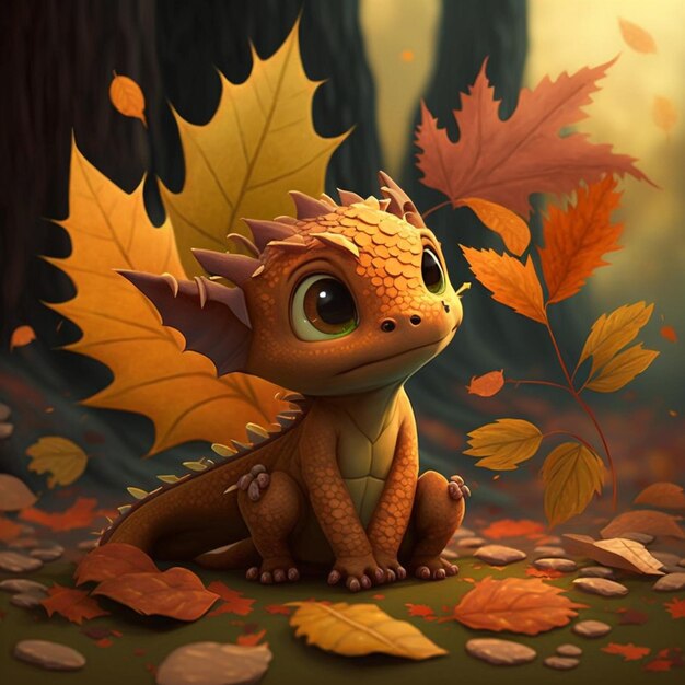 There is a small dragon sitting on the ground with leaves generative ai