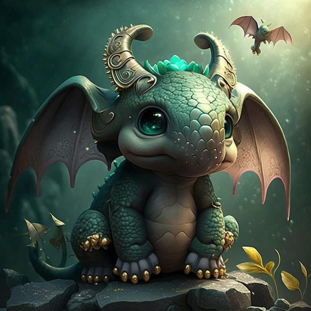 There is a small dragon sitting on a rock with a bat flying overhead generative ai