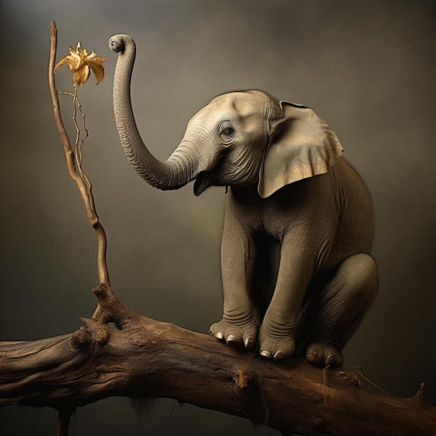 There is a small elephant standing on a branch with a flower generative ai