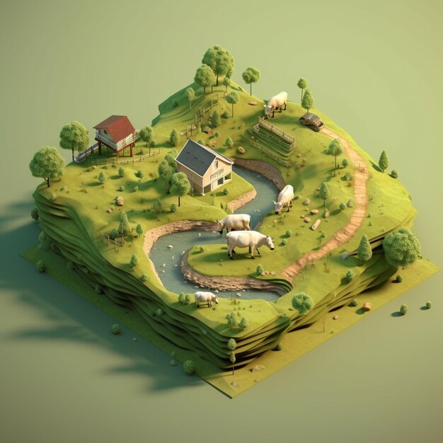 There is a small farm on a small island with a stream generative ai