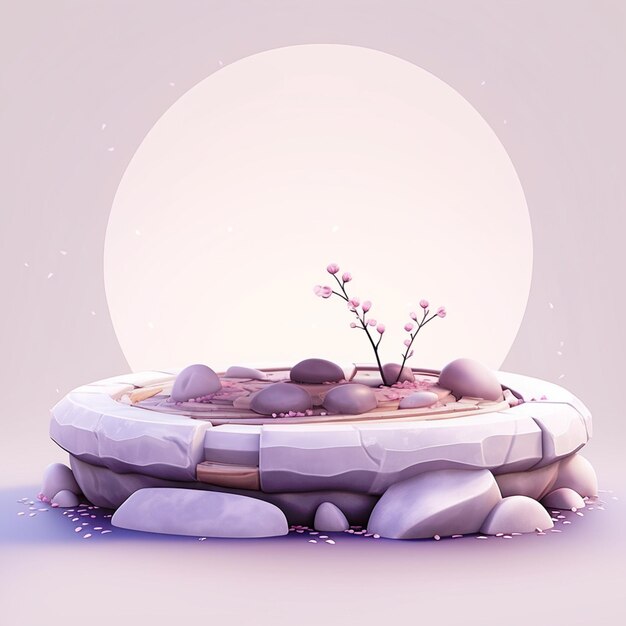 There is a small fountain with rocks and flowers in it generative ai