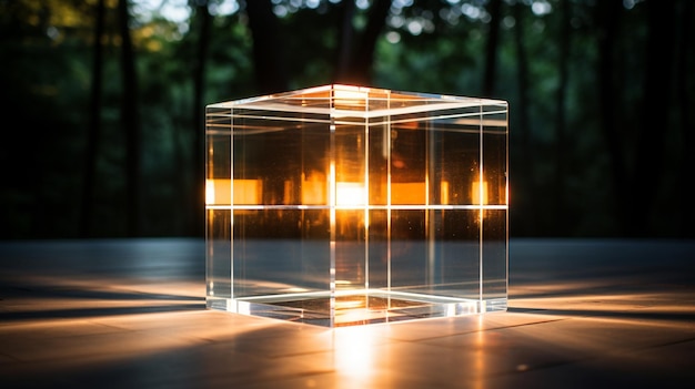 there is a small glass cube with a light inside of it generative ai