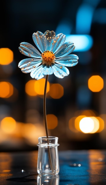 there is a small glass vase with a flower in it generative ai