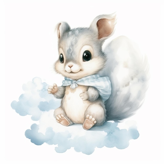 Photo there is a small gray squirrel sitting on a cloud with a bow tie generative ai