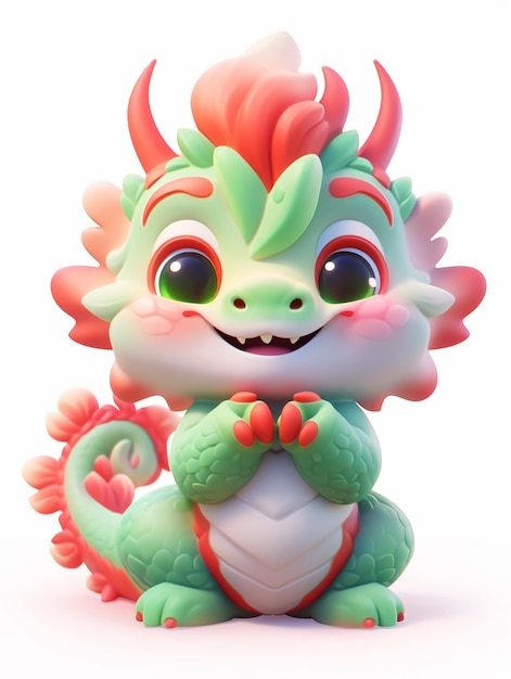 There is a small green and red dragon toy sitting on a white surface generative ai